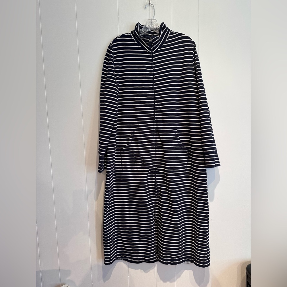 L.L. Bean Striped Dress Womens L Navy White Zip Front Cotton Stretch Pockets - Picture 3 of 9